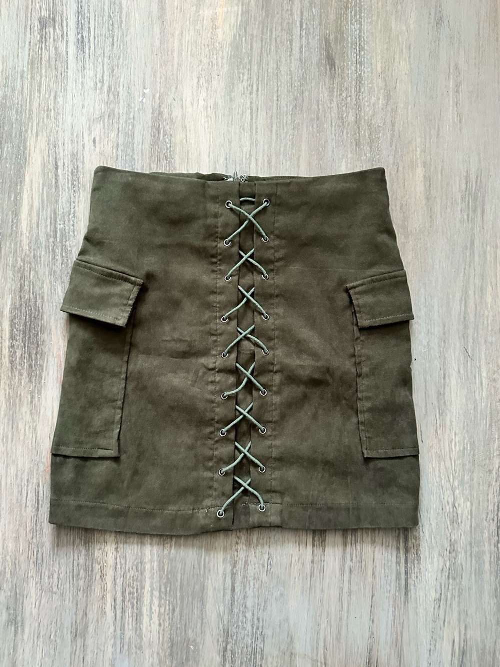 AKIRA Olive Lace-Up Utility Mini Skirt